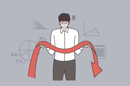 Unhappy businessman hold arrow facing down distressed with business crisis or failure. Upset stressed man CEO frustrated with economic recession. Bankruptcy concept. Flat vector illustration.