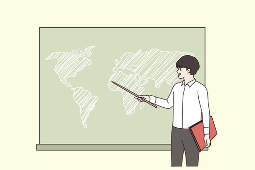 Boy student with pointer answer at board on geography class show on map. Pupil make presentation in school or college. Education and knowledge concept. Flat vector illustration, cartoon character.