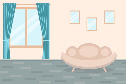 Apartment room wall, vector illustration. Living room with sofa, window and wall decor. Premises, flat style.