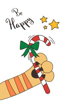 Tiger hold christmas candy cane with bow New Year card in hand draw style. Christmas card. Be happy text. Year of the tiger 2022
