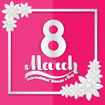 8 March. Greeting card in the style of paper applique on pink background.