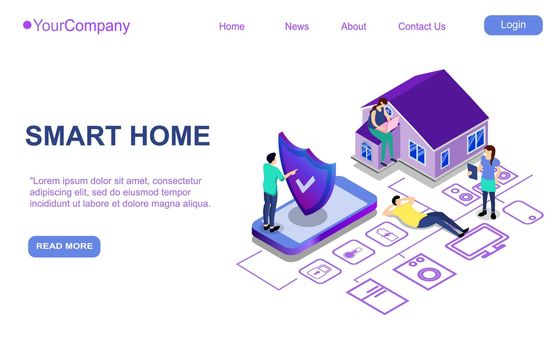 Website landing page, promotion poster, flyer or brochure concept for smart home digital technologies, isometric vector illustration