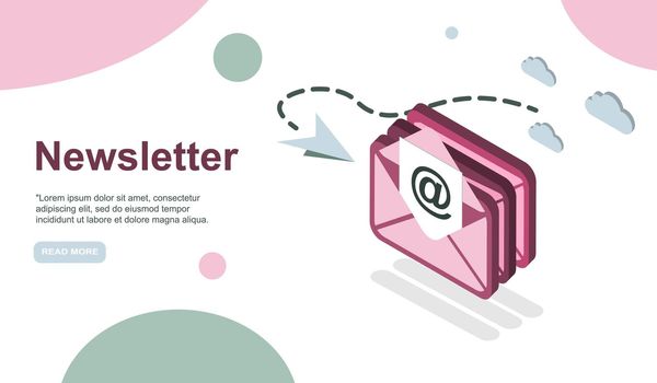 Email service isometric vector illustration. Electronic mail message concept as part of business marketing. Webmail or mobile service layout for website landing header. Newsletter sending background.