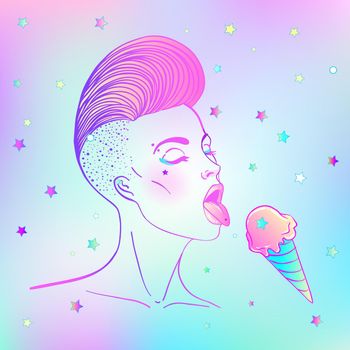 Portrait of a young pretty woman with short modern side shaved haircut licking icecream. Vector illustration isolated on white. Hand drawn art of a modern girl.
