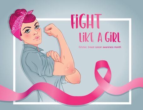 Fight like a girl. Caucasian girl with her fist raised up. Breast Cancer Awareness Month symbol. Vector illustration. Design inspired by classic vintage feminist poster. International health campaign.