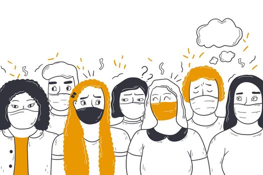 Coronavirus, healthcare, new normal concept. Crowd group of people men women wearing protective medial face mask standing together. Protection from covid19 virus and urban air pollution illustration