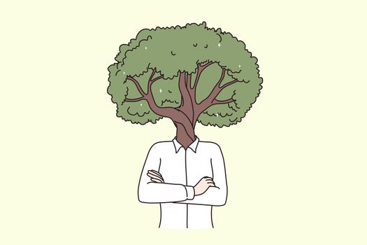 Creativity, young businessman and innovation concept. Green Tree head businessman in t-shirt standing and holding hands crossed vector illustration