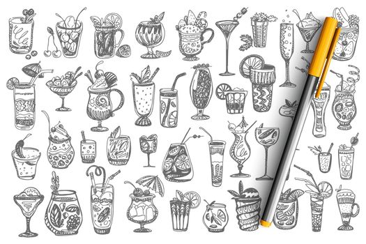 Cocktails doodle set. Collection of different alcoholic summer tropical beverages beer vodka wine isolated on white background. Bad habit alcohol addiction illustration.