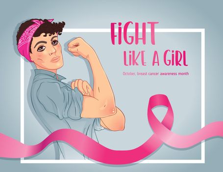 Fight like a girl. Caucasian girl with her fist raised up. Breast Cancer Awareness Month symbol. Vector illustration. Design inspired by classic vintage feminist poster. International health campaign.