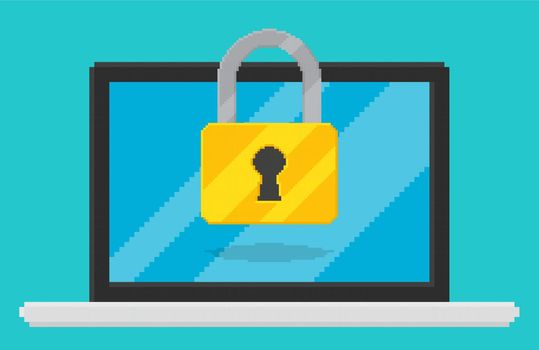 Pixel art style vector illustration of lockpad on laptop screen. Security vector illustration, flat cartoon design desktop pc with, concept of firewall protection, privacy access, private