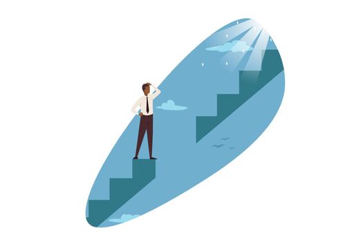 Career problem, business, trouble solution concept. Pensive thoughtful african american businessman clerk manager standing on stairs looking at gap. Career crisis and obstacle to goal achievement.