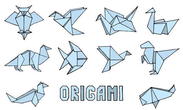 Origami animals collection. Hand drawn origami doodle set. Can be use like a logo, icon or sticker. Minimalistic vector illustration