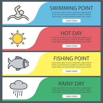 Summer outdoor recreations banner templates set. Easy to edit. Swimmer, sunny and rainy weather, fishing. Website menu items. Color web banner. Vector headers design concepts