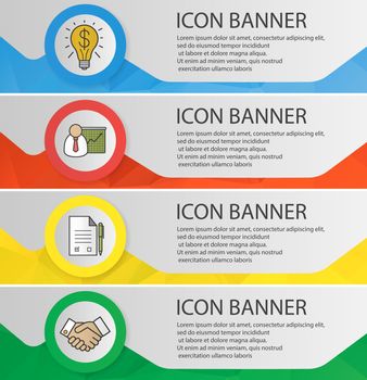 Business banner templates set. Easy to edit. Presentation with graph, signed contract, handshake, successful idea. Website menu items. Color polygonal web banner concepts. Vector