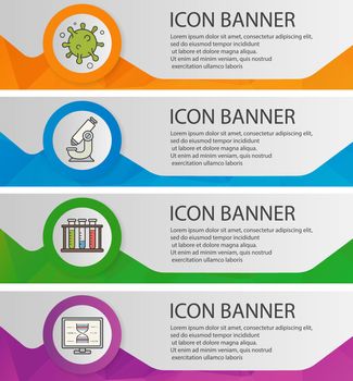 Bio laboratory banner templates set. Easy to edit. Virus cell, lab test tubes, microscope, dna research website menu items. Color polygonal web banner concepts. Vector backgrounds