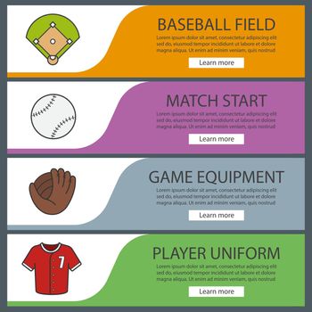 Baseball banner templates set. Easy to edit. Softball field, mitt, ball and shirt. Website menu items. Color web banner. Vector headers design concepts