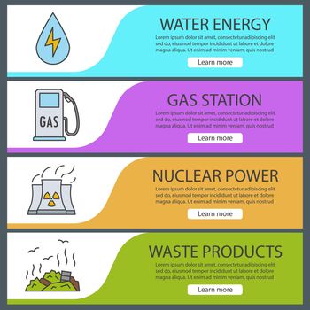 Environment pollution banner templates set. Easy to edit. Water energy, gas station, nuclear power plant, rubbish dump. Website menu items. Color web banner. Vector headers design concepts