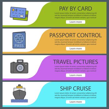 Travel banner templates set. Easy to edit. Credit cards, passport, photo camera, cruise ship. Website menu items. Color web banner. Vector headers design concepts