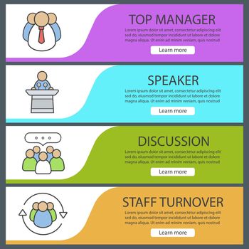 Business banner templates set. Easy to edit. Top manager, conference speaker, teamwork, team management. Website menu items. Color web banner. Vector headers design concepts