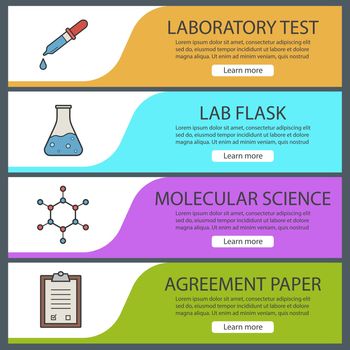 Science laboratory banner templates set. Easy to edit. Pipette with drop, boiling beaker, molecular structure and lab clipboard. Website menu items. Color web banner. Vector headers design concepts
