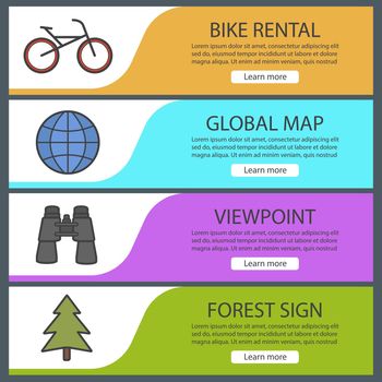 Outdoor recreation banner templates set. Easy to edit. Bike, globe, binoculars, fir tree. Website menu items. Color web banner. Vector headers design concepts
