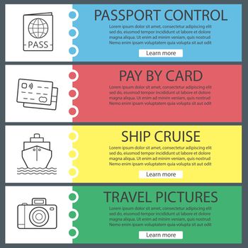 Travel and tourism banner templates set. Easy to edit. Credit cards, passport, photo camera, cruise ship. Website menu items. Color web banner. Vector headers design concepts