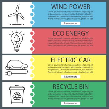 Eco technologies banner templates set. Easy to edit. Wind energy, eco concept, electric car, recycle service. Website menu items with linear icons. Color web banner. Vector headers design concepts