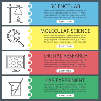 Science laboratory banner templates set. Easy to edit. Beaker, molecular science and analysis, ring stand with flask. Website menu items. Color web banner. Vector headers design concepts