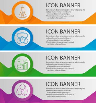 Industrial pollution banner templates set. Easy to edit. Factory, poison, biohazard symbol, gas mask. Website menu items with linear icons. Color polygonal web banner concepts. Vector backgrounds