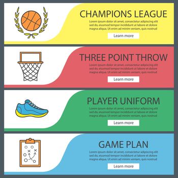 Basketball banner templates set. Ball in laurel wreath, hoop, player's shoe, game plan. Website menu items. Color web banner. Vector headers design concepts
