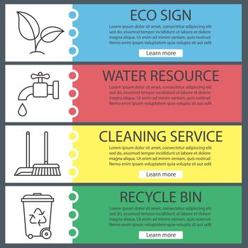Environment protection banner templates set. Easy to edit. Plant, water resources, cleaning and recycle service. Website menu items with linear icons. Color web banner. Vector headers design concepts