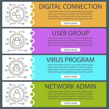 Digital banner templates set. Cyber technology. Connection, users, network admin, virus program. Website menu items with linear icons. Color web banner. Vector headers design concepts