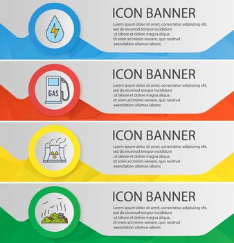 Ecology banner templates set. Easy to edit. Water energy, gas station, nuclear power plant, rubbish dump website menu items. Color polygonal web banner concepts. Vector backgrounds