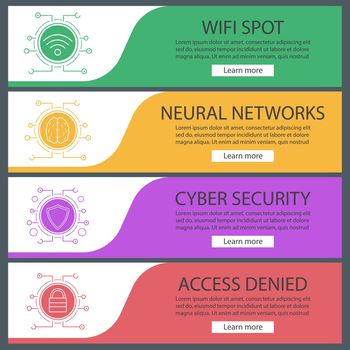 Digital banner templates set. Easy to edit. Cyber technology. Wifi connection, human brain, security shield, lock. Website menu items. Color web banner. Vector headers design concepts