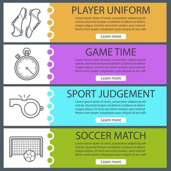 Soccer banner templates set. Easy to edit. Football player's boots, stopwatch, whistle ball and gates. Website menu items with linear icons. Color web banner. Vector headers design concepts