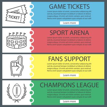 Sport game banner templates set. Tickets, arena, fans foam finger, football ball in laurel wreath. Website menu items with linear icons. Color web banner. Vector headers design concepts
