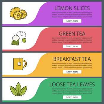 Tea banner templates set. Lemon slices, tea mug and bag, loose leaves. Website menu items. Color web banner. Vector headers design concepts