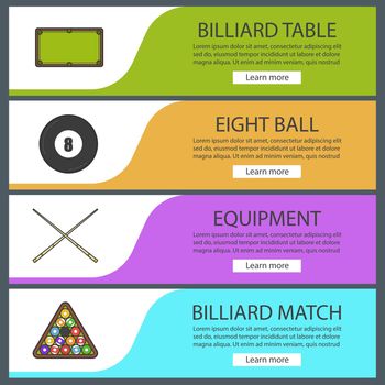 Billiard banner templates set. Snooker ball rack, crossed cues, table, eight ball. Website menu items. Color web banner. Vector headers design concepts