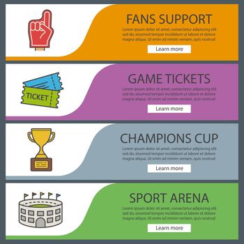 Sport game banner templates set. Foam finger, game tickets, winner's award, arena. Website menu items. Color web banner. Vector headers design concepts