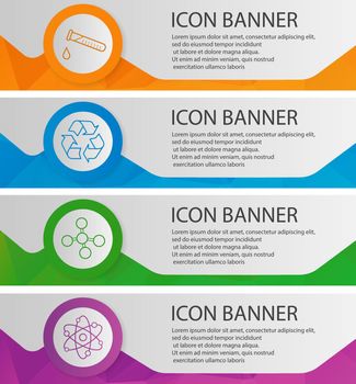Chemical lab banner templates set. Atom, molecule and recycle symbols, test tube with liquid. Website menu items with linear icons. Color polygonal web banner concepts. Vector backgrounds