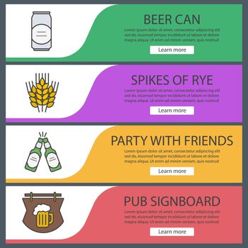 Beer banner templates set. Spikes of rye, beer can and toasting bottles, pub signboard. Website menu items. Color web banner. Vector headers design concepts
