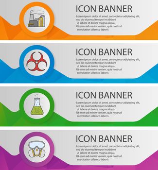 Chemical industry banner templates set. Factory air pollution, poison liquid, biohazard symbol, gas mask website menu items. Color polygonal web banner concepts. Vector backgrounds