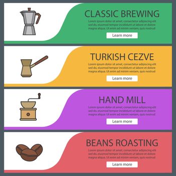 Coffee banner templates set. Hand mill, moka pot, coffee beans, turkish cezve. Website menu items. Color web banner. Vector headers design concepts