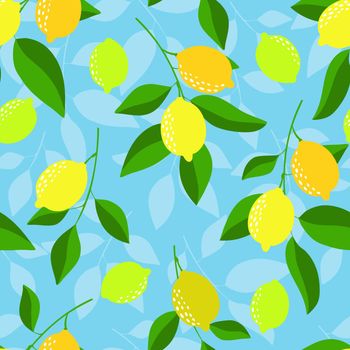 Seamless pattern with lemons on the blue background. Bright summer design. 