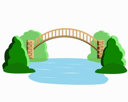 Bridge over the river and juicy trees isolated on a white background