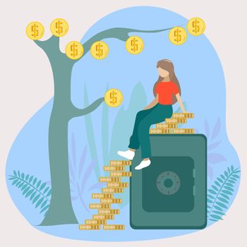 The girl is sitting on a safe and a pyramid of coins near a tree with money