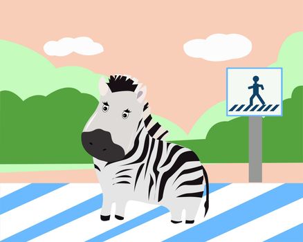 Zebra crosses the road on a Zebra near a road sign in cartoon style
