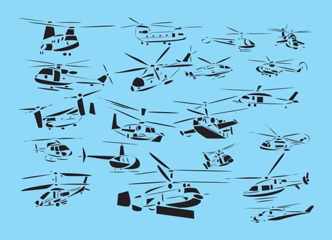 Line-art vector illustrations of helicopters