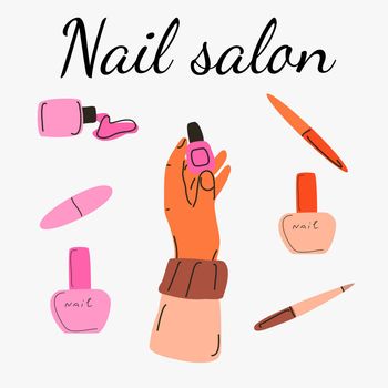 The hand holds the nail polish and the inscription nail salon. Doodle style illustration