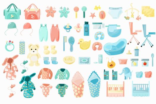 A set of items on the theme of things for newborns. Clothing, hygiene items, bathing, toys, food, furniture. Isolated elements on a white background. In cartoon style